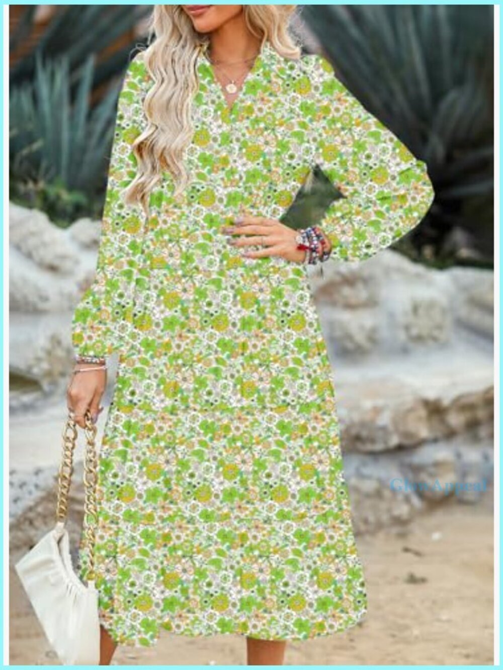 Long Sleeve V-Neck Floral Midi Dress, Bohemian Summer Beach Style - Picture 5 of 7